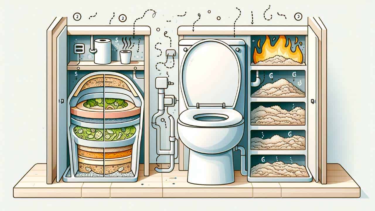 Illustration of composting and incinerating toilets